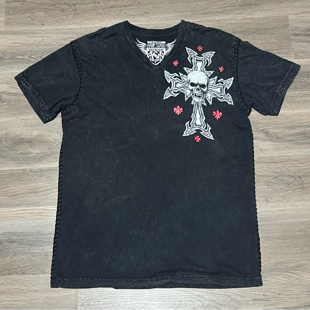 Raw State Royalty XL T Shirt Black Skull Cross Wings Stitch Cotton V Neck Grunge